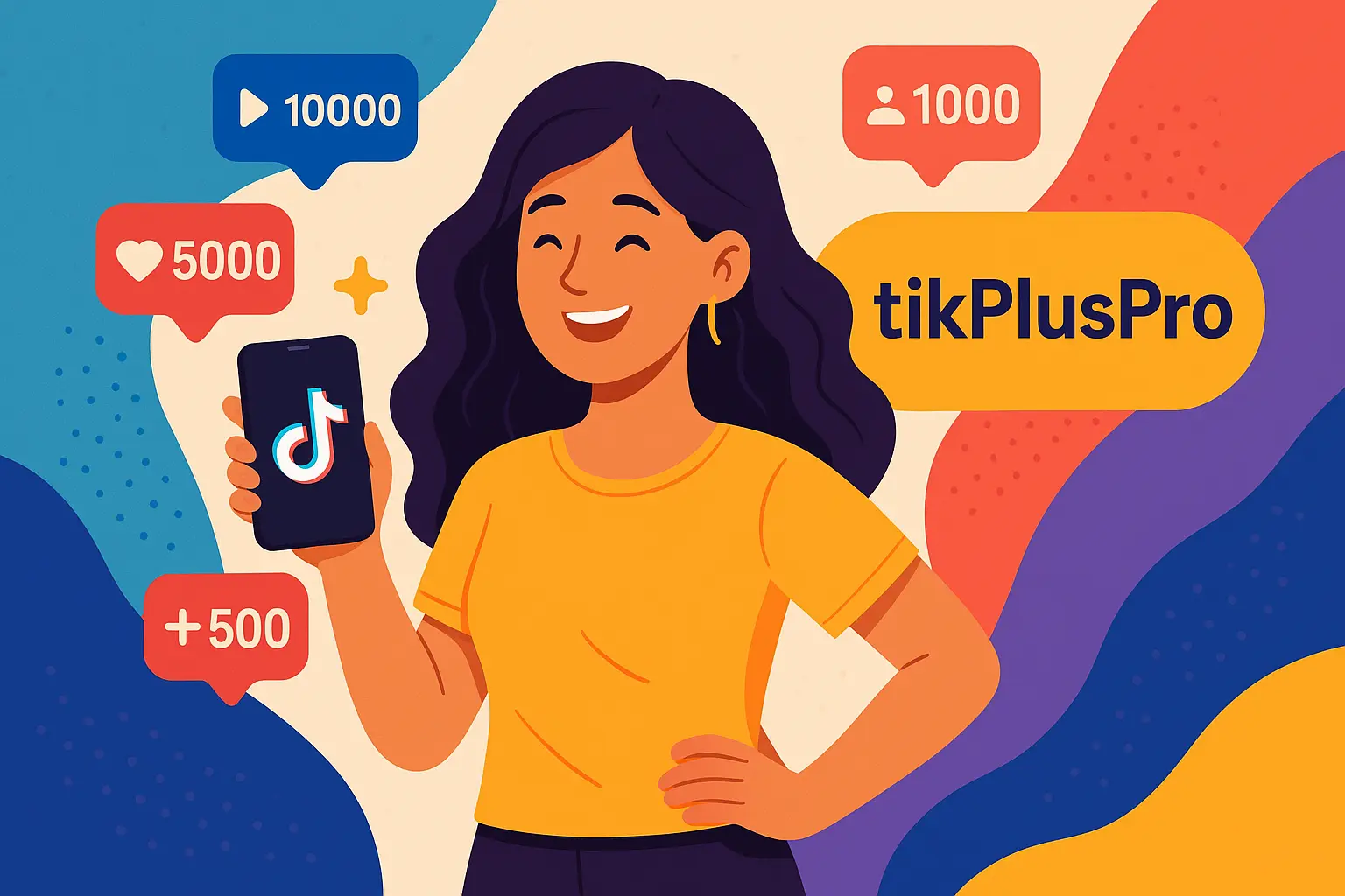 A vibrant digital illustration showing a young woman holding a phone with TikTok logo, surrounded by icons representing massive growth in followers, likes, and views, promoting TikPlusPro as a powerful engagement tool in 2025.