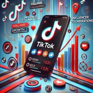 An illustration showcasing TikTok brand growth strategies. A smartphone screen displays increasing follower and like counts, surrounded by icons representing marketing, influencer collaborations, and viral trends.